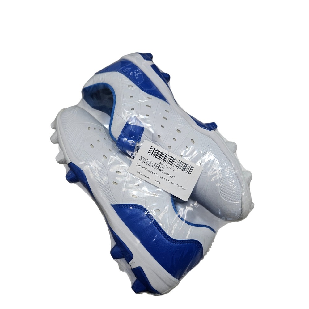 BKWHDAY Softball Cleats Girls 37 White Blue Soccer Lacrosse Athletic Shoes Spike